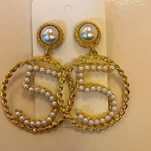 Gold and Pearl Large lightweight dangling No. 5 Earrings
